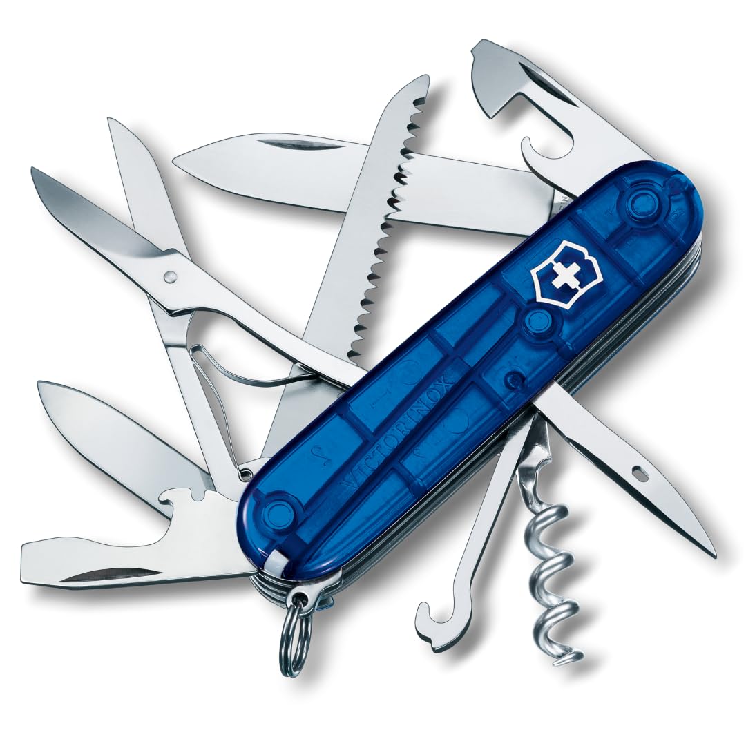 VictorinoxHuntsman Swiss Army Pocket Knife, Medium, Multi Tool, 15 Functions, Large Blade, Bottle Opener, Blue Transparent