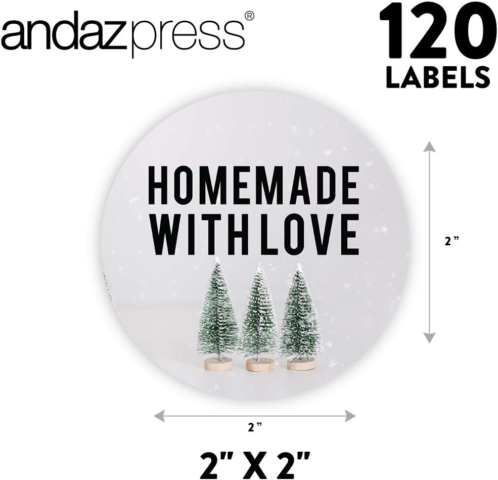 Andaz Press Christmas Round Small Business Sticker Labels, 2 Inch Round, Handmade with Love, Bristle Christmas Trees Design, Packaging Stickers, 120-Pack
