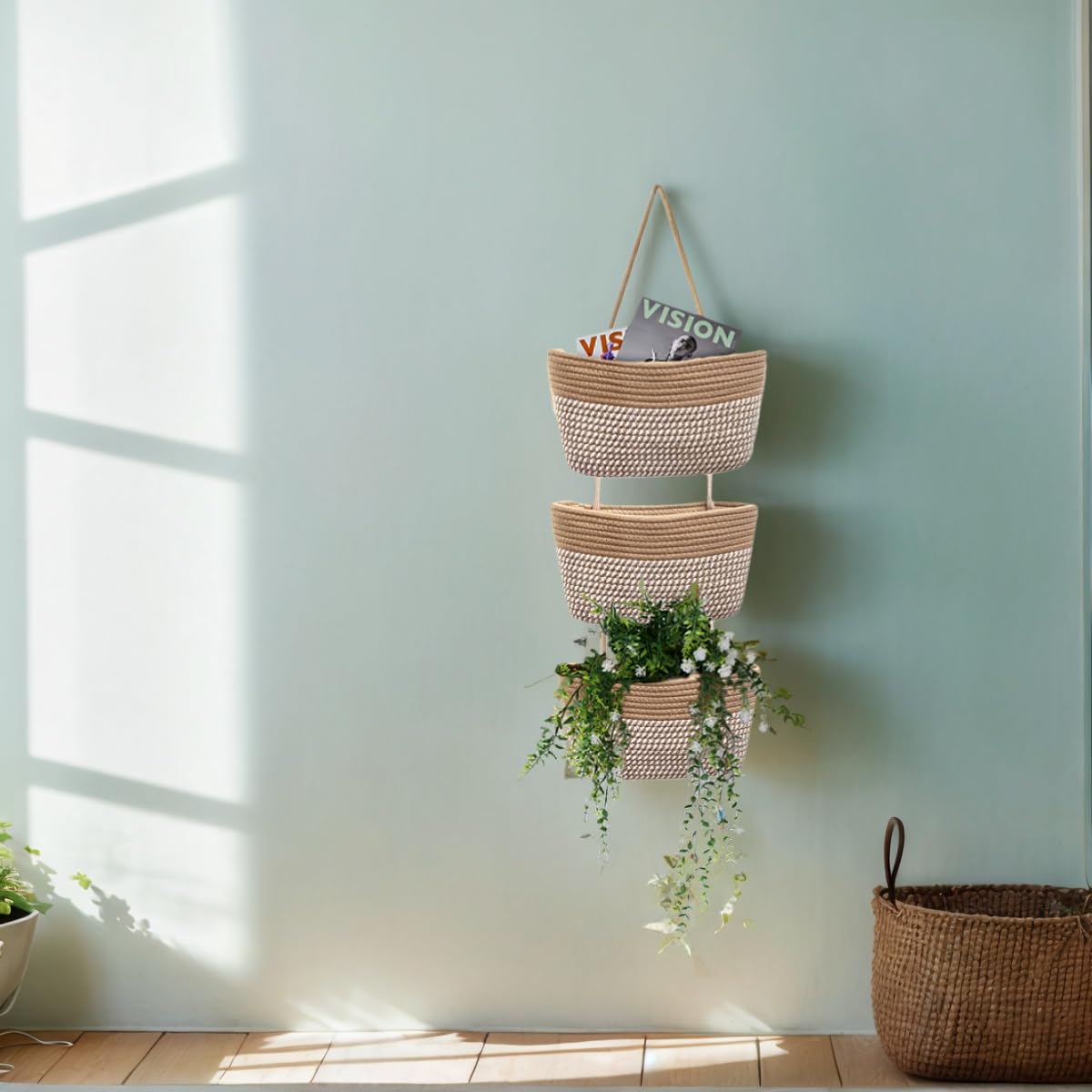 ililmmoeCesto appeso dietro la porta, cestino a 3 strati, corda di cotone, montato a parete， cestino da cucina decorativo, organizer per appendere il bagno, incluso1gancio (Strisce Di Lino)