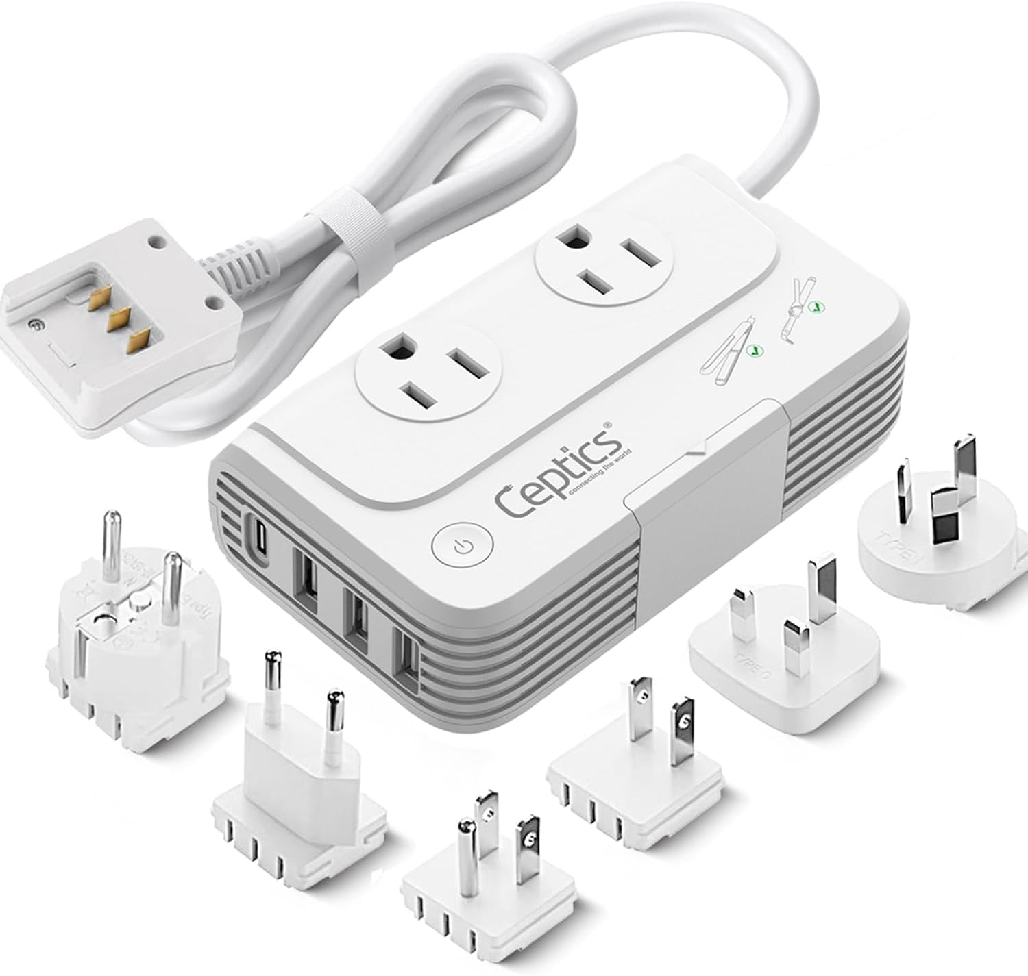 Ceptics Travel Voltage Converter -200W Convert 220V to 110V for Curling Iron, Straightener, Chargers, Step Down World Power Plug - 4 USB Charging QC 3.0 - SWadApt - Type A, B, C, E/F, G, I Included-image-9