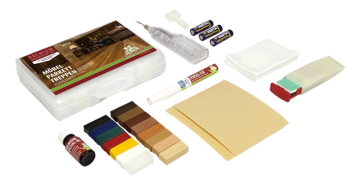 Picobello Reparatur-Set (Premium) I Geölte Holz- und Dekoroberflächen I Geeignet für Parkett, Laminat, Möbel & Treppen I Mit 15 Hartwachs-Stangen, Versiegelungslack & Zubehör I Made in Germany