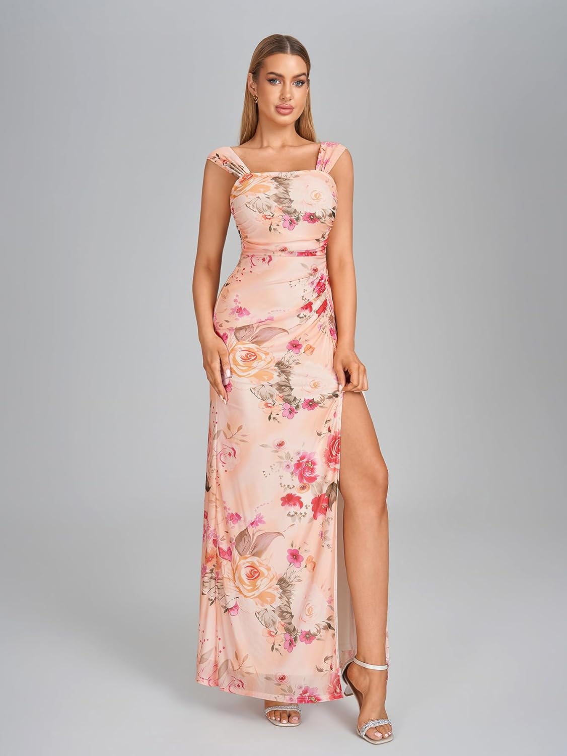 HTZMO Off The Shoulder Wedding Guest Floral Maxi Dress Back Bow Tie Split Ruched Bodycon Formal Long Dresses for Women