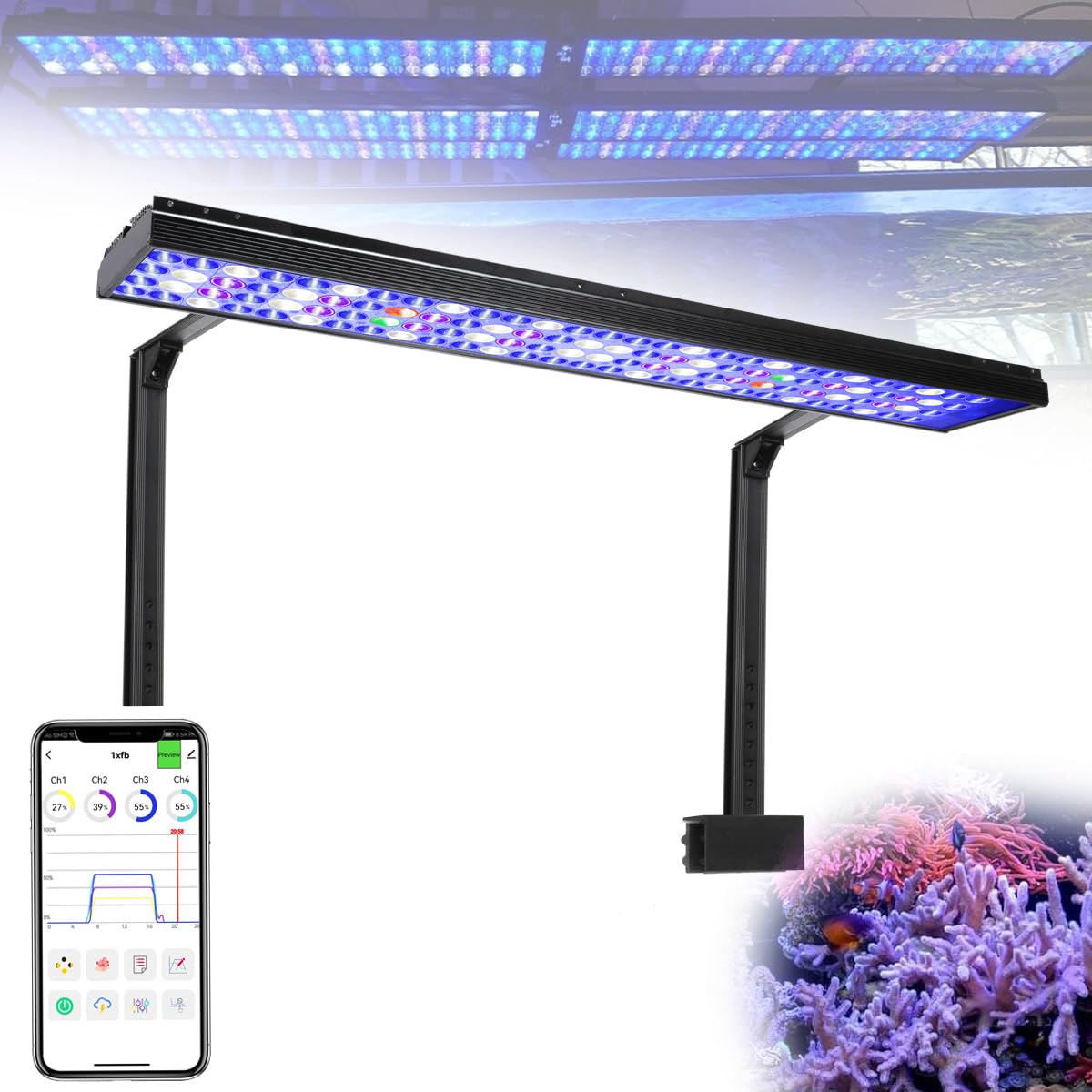 PopBloom Reef LED Light, 100W Reef Aquarium Lighting for SPS LPS Corals and Saltwater Fish Tanks, Enhanced Violet and Blue Spectrum, Wide Angle Lens, App Fully Programmable