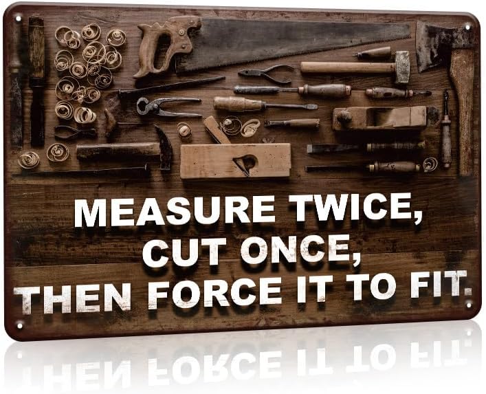 Letrero de metal retro para mecánico, decoración de tienda  Medida dos veces cortado una vez  Decoración de pared vintage Metal Art Fix-it Shop