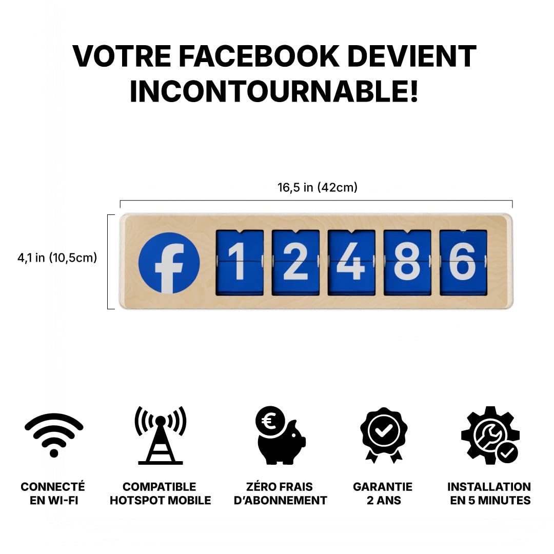 Compteur Abonnés Facebook Temps Réel, Volets Mécaniques, 5 Chiffres | Affichage Facebook à volets mécaniques. Idéal boutiques, cafés, restaurants. Wi-Fi + hotspot, installation en 5 minutes.