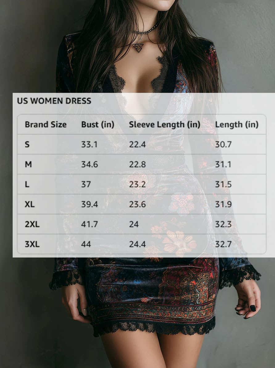 Velvet Floral Mini Dress for Women V Neck Long Sleeve Lace Trim Bodycon Dress - Image 4