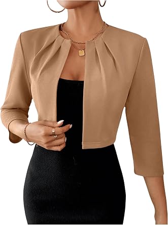 SOLY HUX Womens Blazer Jacket Open Front 3/4 Sleeve Pleated Work Office Cropped Jacket