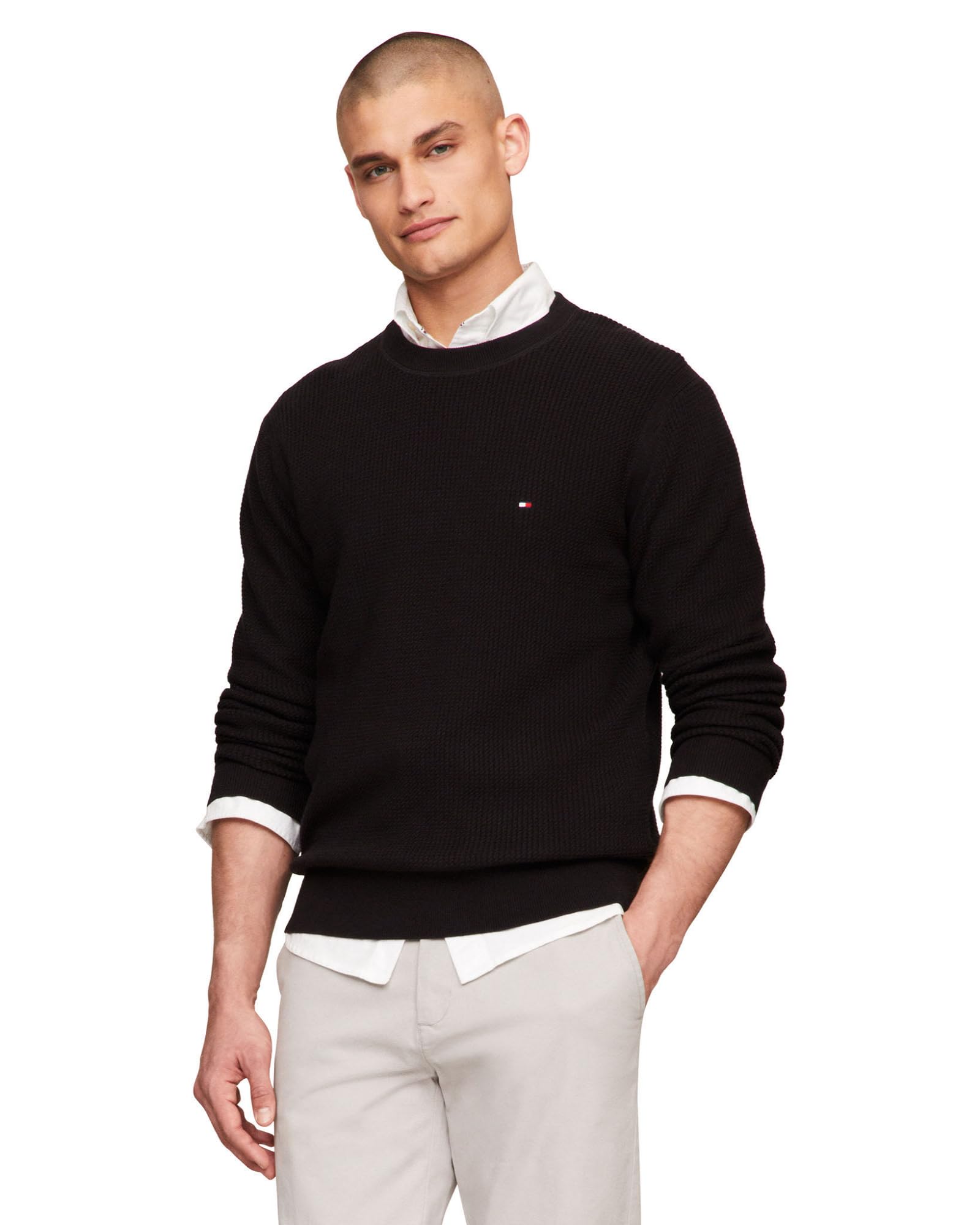 Tommy Hilfiger Men's Waffle Knit Crewneck Sweater Lightweight Pullover, Also Available in Big & Tall, Black, XXL