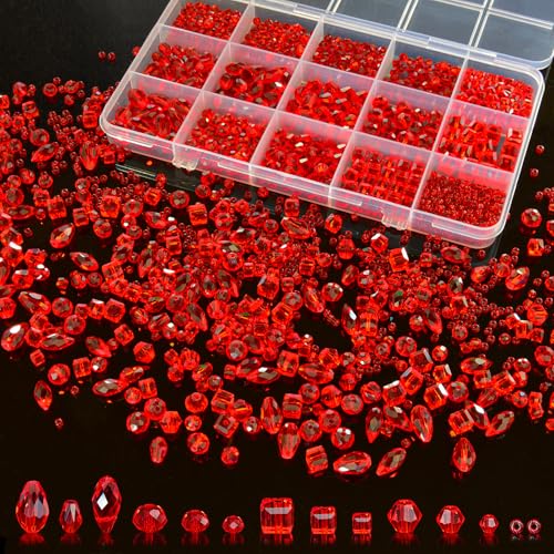 Laopottbeads 1500 Pcs Crystal Glass Beads for Jewelry Making 12 Styles Bicone Rondelle Cube Teardrop & 3mm Spacer Beads DIY Bracelet Necklace Earring Craft Kit with Organizer Box(Red)