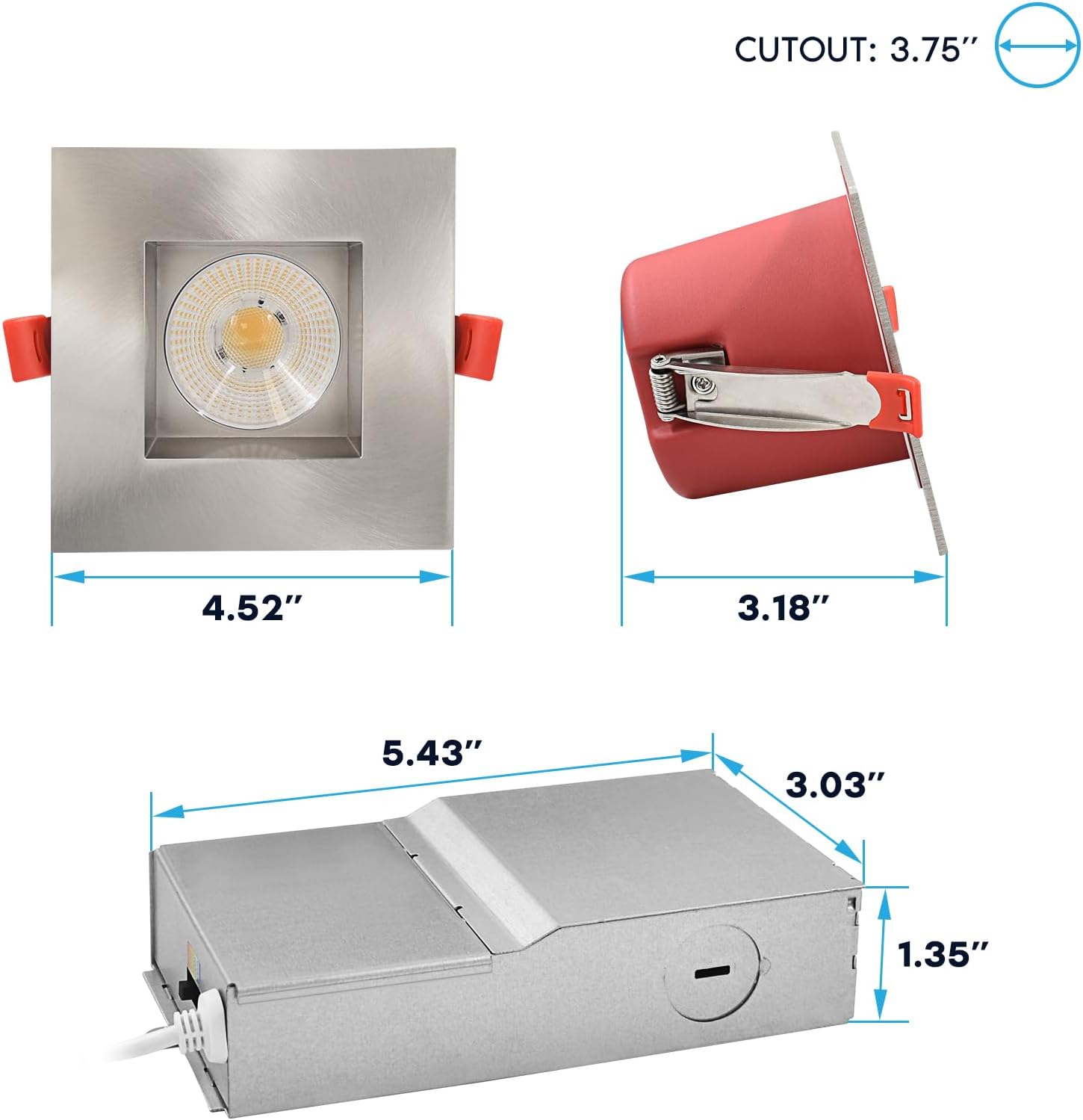 LUXRITE 6-Pack 4 Inch Square LED Recessed Lights with J-Box, 5CCT 2700K-5000K, 2 Hour Fire Rating, 15 Watts, 1000 Lumens, 38° Spotlight, Dimmable, IC Rated, Wet Rated, ETL - Brushed Nickel