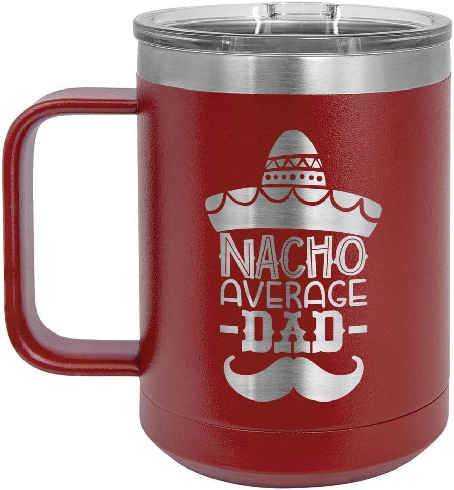 NACHO AVERAGE DAD Purple 15 oz Coffee Mug w/Slide Top Lid | Insulated Travel Coffee Cup | Father's Day Gift Ideas From Son or Daughter | Compare To Yeti Rambler | ONLYGIFTS.COM
