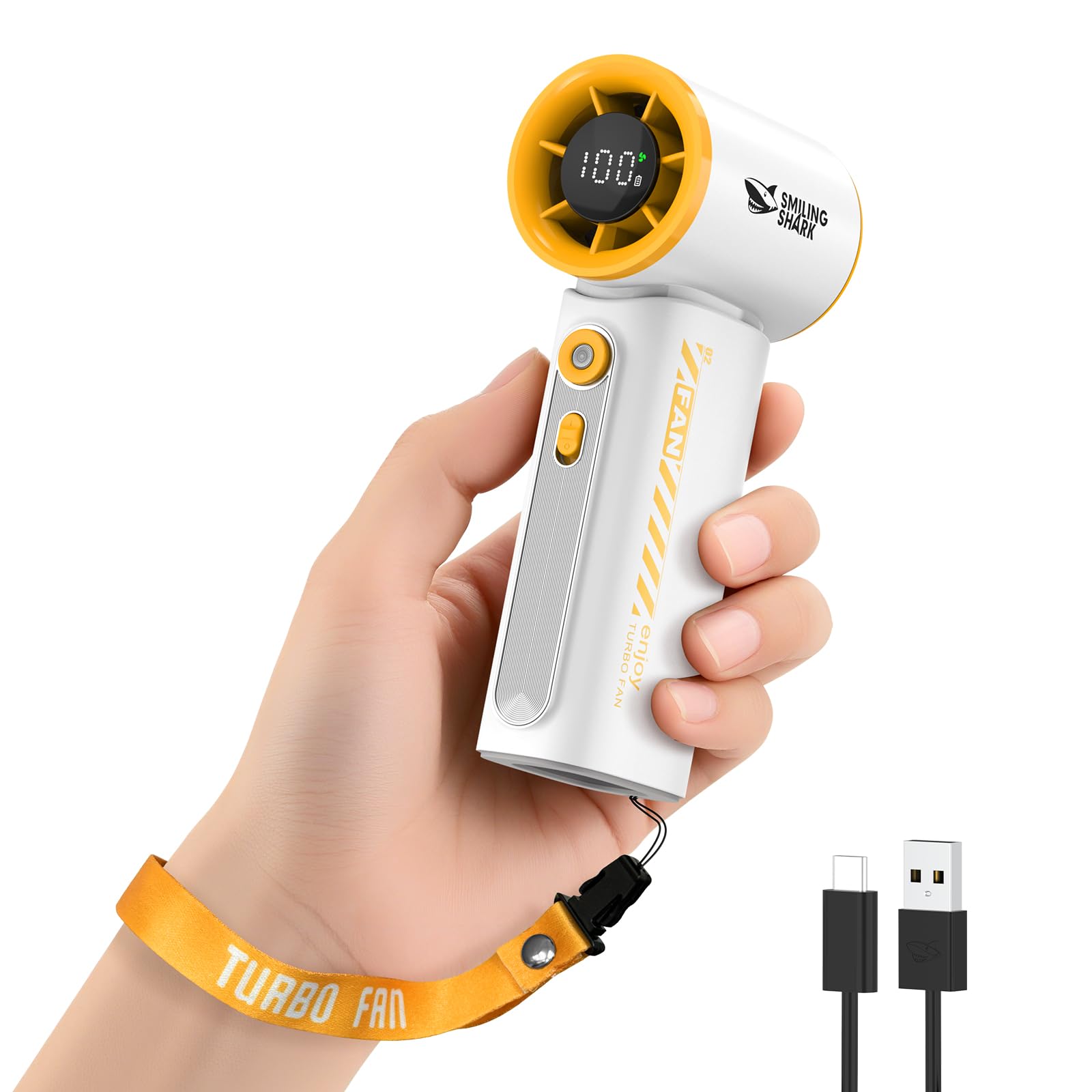 Smiling Shark TF-02 Tragbarer Turbo Handventilator, 1-100 Stufen Einstellbare Tragbarer Mini Handventilator [12Hrs Max] mit LED Anzeige/Lanyard/Basis, 2-in-1 Hand/Tischventilator für Outdoor Indoor