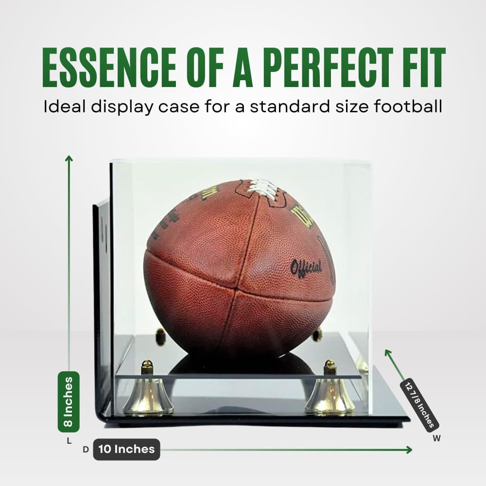 Deluxe Acrylic Wall Mount Football Display Case with Mirror Back | Full Size Crystal Clear Football Holder | UV Protection & Gold Riser Display Holder for Signed Football