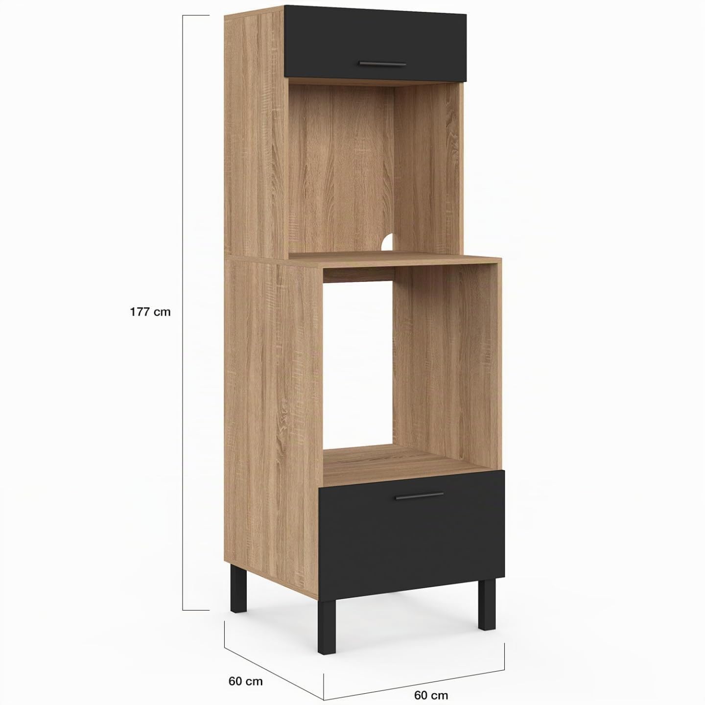IDMarket - CINA Armadio forno/microonde a colonna da 60 cm a 2 porte, nero e faggio