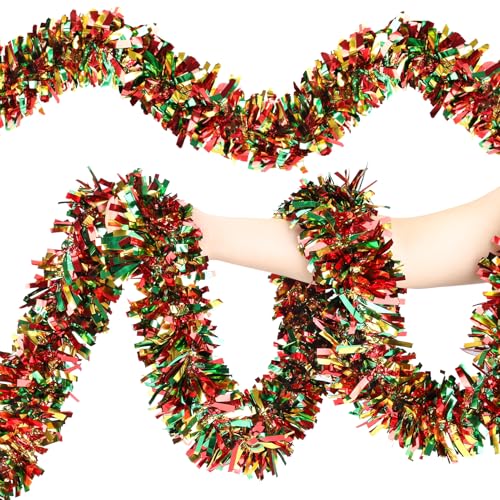 Image of 50FT Christmas Tinsel Garland, Red Green&Gold Metallic Twist Shiny Hanging Garland Ornaments for Christmas Tree, Party Supplies Thick Metallic Xmas Streamers