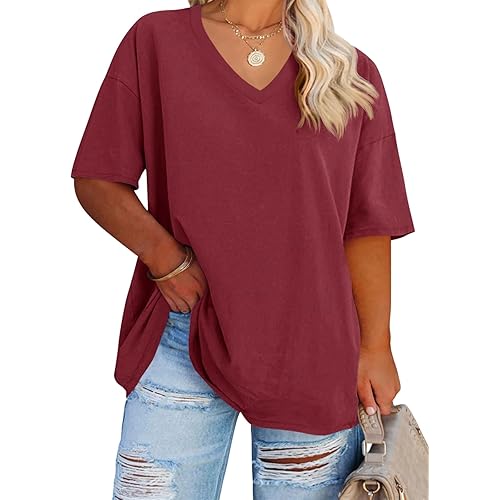 Fisoew Women's Plus Size V Neck T Shirts Summer Half Sleeve Tees Casual Loose Fit Cotton Tunic Tops
