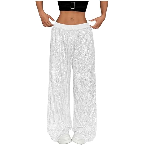 Sequin Pants Women 2025 Fashion High Waist Elastic Wide Leg Palazzo Pants Casual Loose Party Sparkly Glitter Trousers