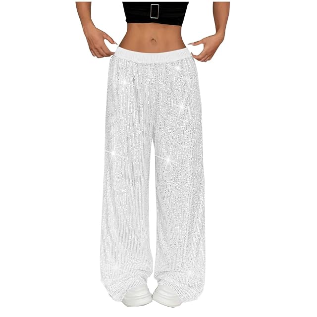 Sequin Pants Women 2025 Fashion High Waist Elastic Wide Leg Palazzo Pants Casual Loose Party Sparkly Glitter Trousers