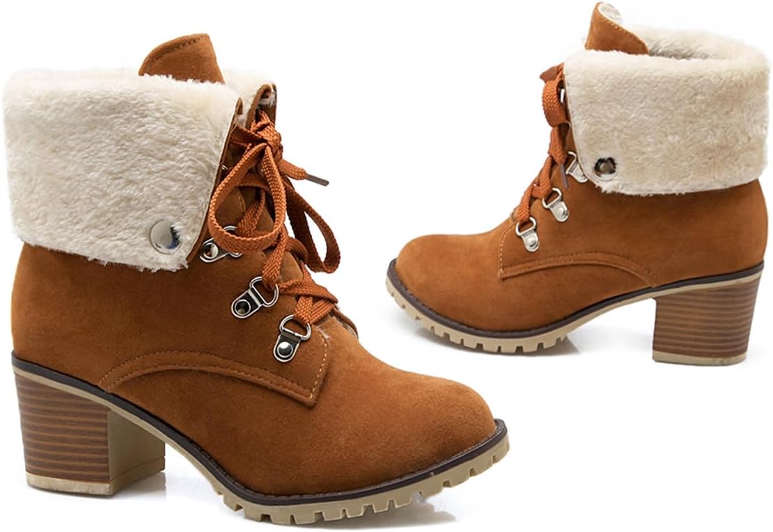 Women's Winter Fur Chunky Mid Heel Ankle Boots Round Toe Cuff Lace Up Warm Snow Dressy Short Booties