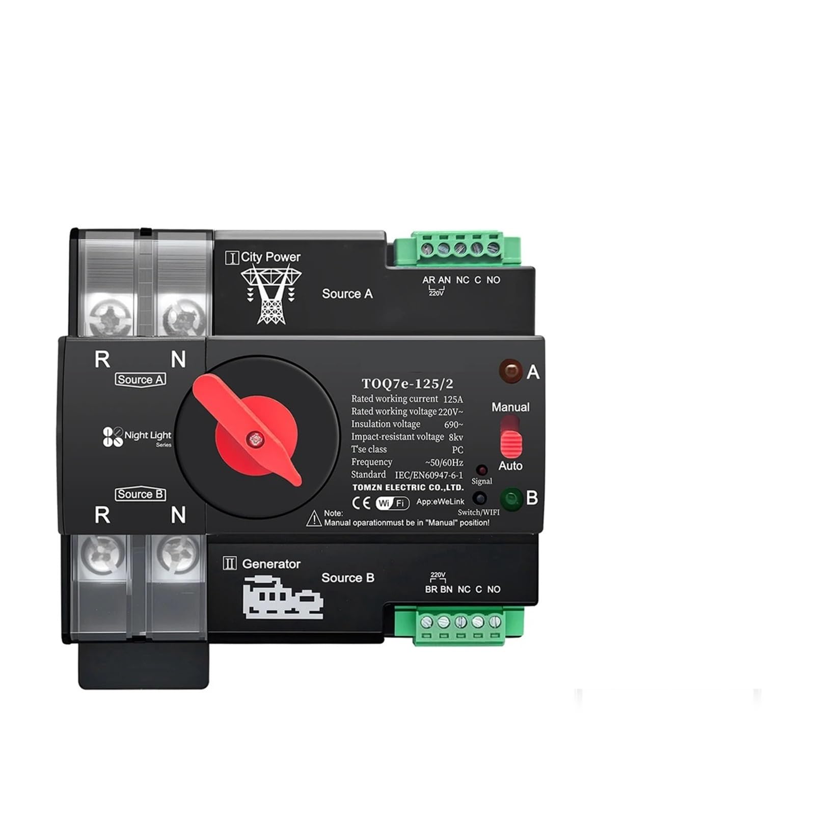 ATS commutateur de transfert automatique 125A assure une alimentation continue 230V L N