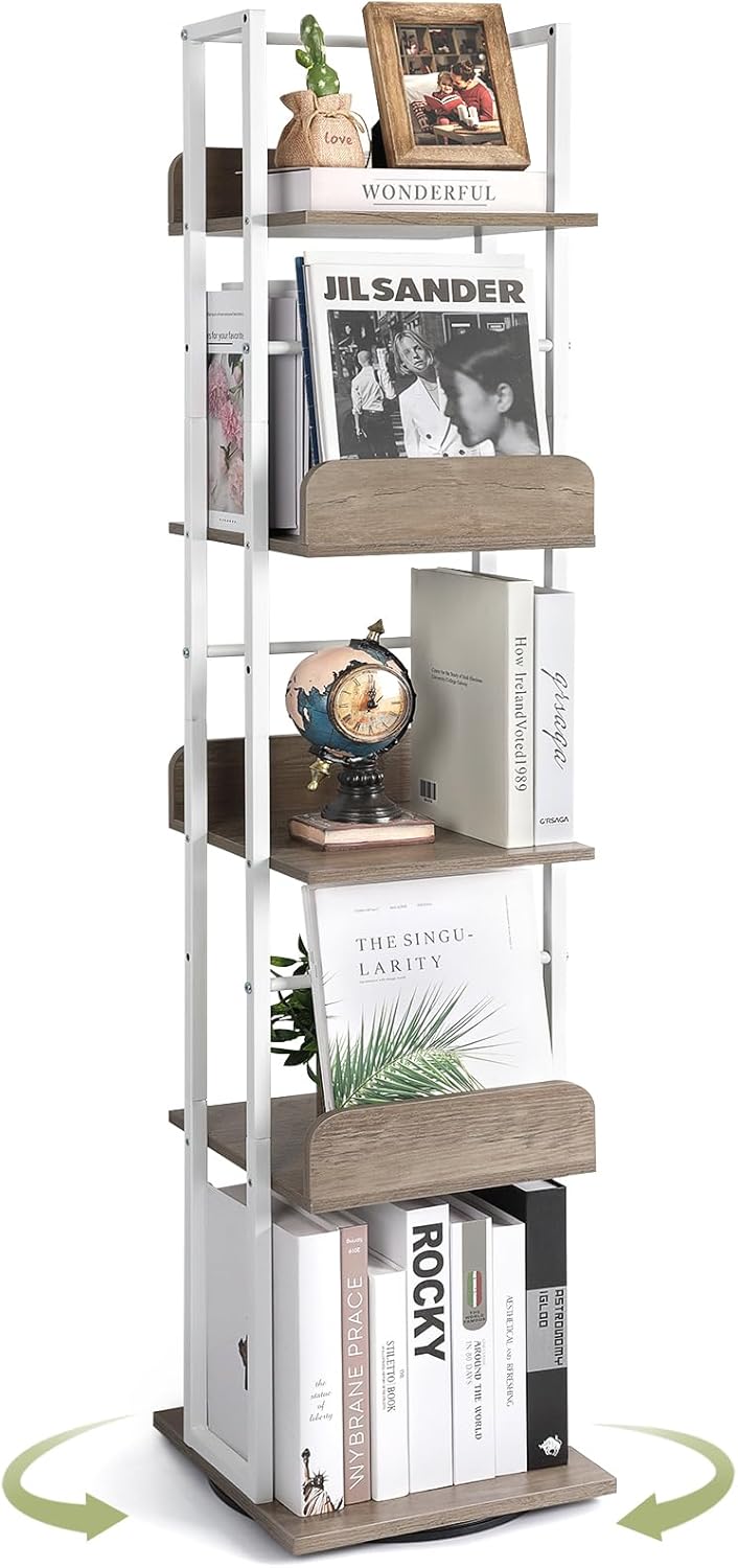 Bikoney Bookshelves 5-Tier, Rotating Bookshelf Tower for Corner, Small Narrow Bookcase, Tall Industrial Bookshelf, Wood and Metal White Bikoney Bookshelves 5-Tier, Rotating Bookshelf Tower for Corner, Small Narrow Bookcase, Tall Industrial Bookshelf, Wood and Metal White