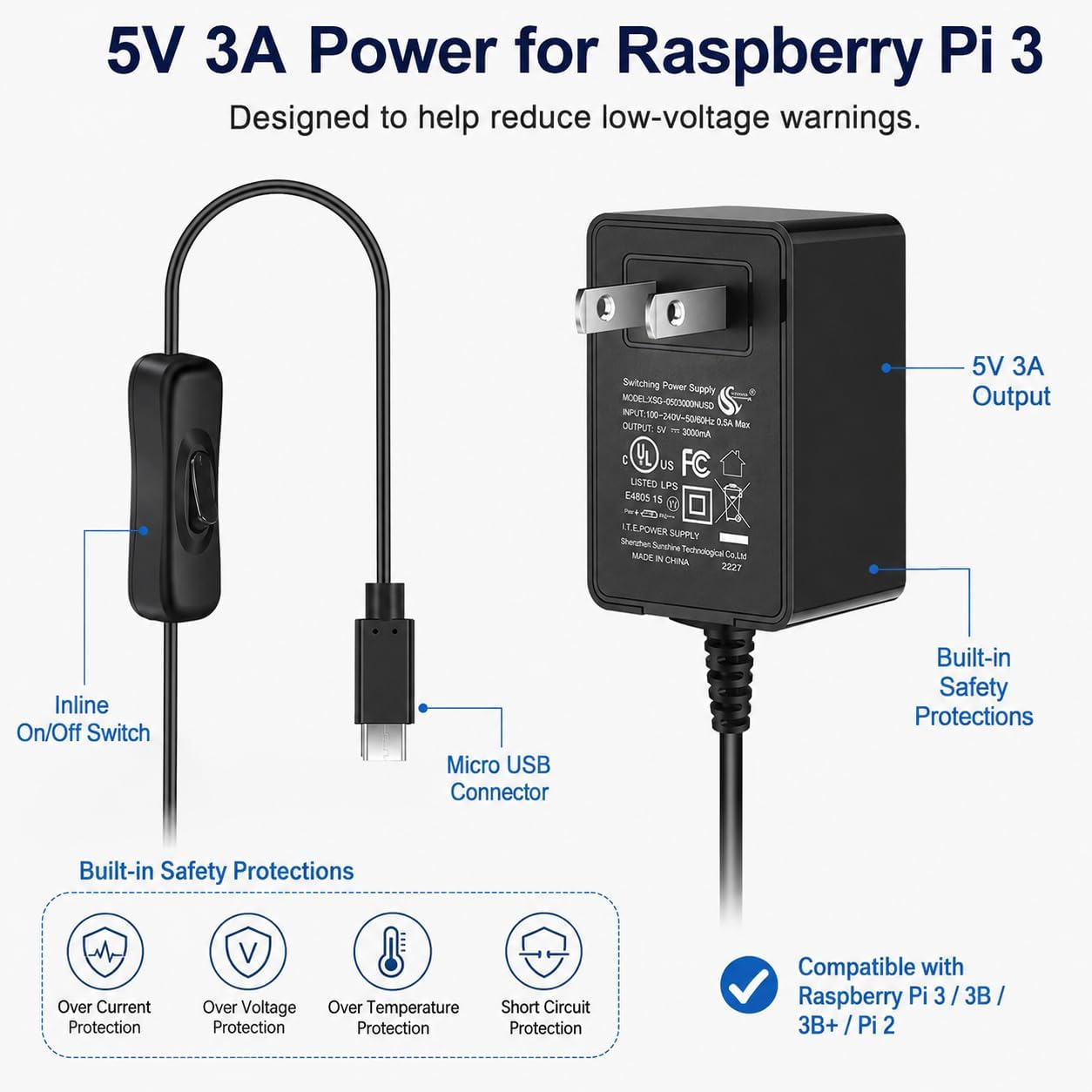 iUniker Raspberry Pi 3 Case with Fan & MicroUSB 5V 3A Power Supply | WIth Heatsinks, ON/OFF Switch Power Supply, Durable DIY Enclosure for Retro Gaming, Home Assistant, Overclocking