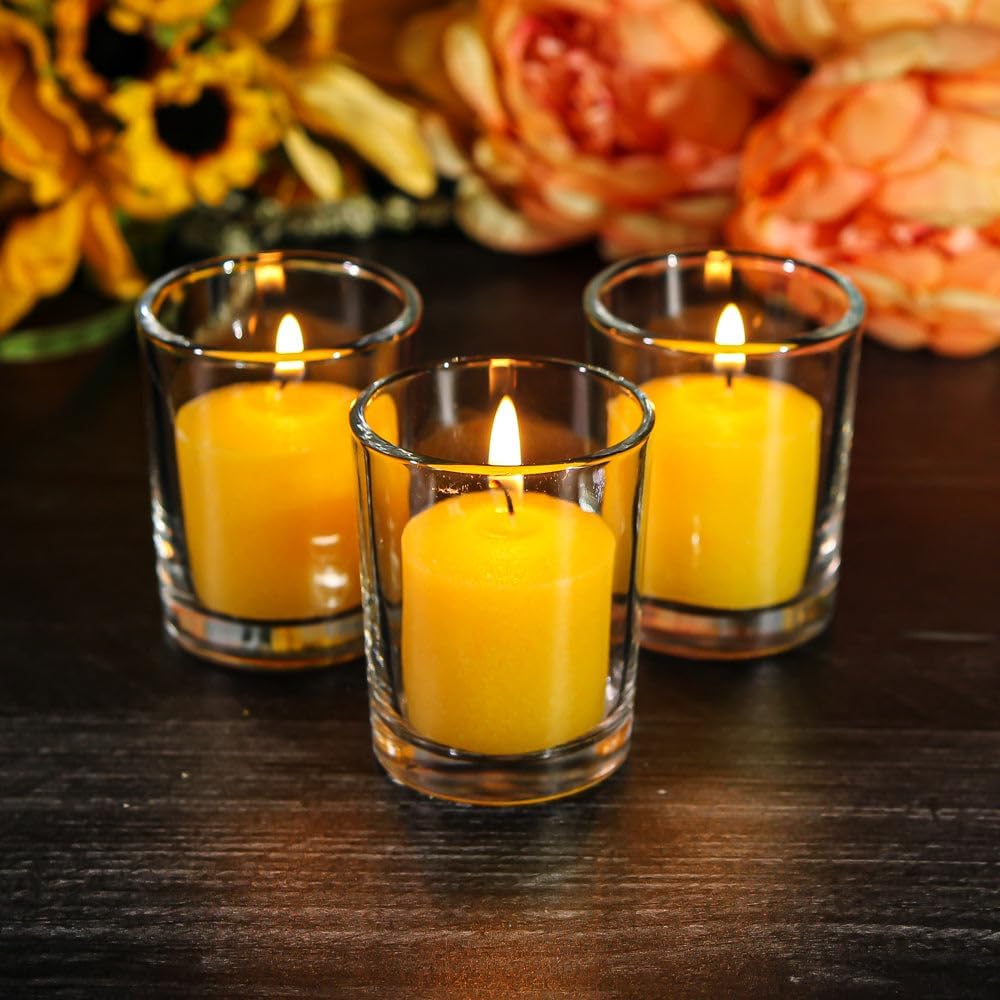 Set of 72 Richland Votive Candles Yellow Unscented and 72 Clear Glass Eastland Votive Holders