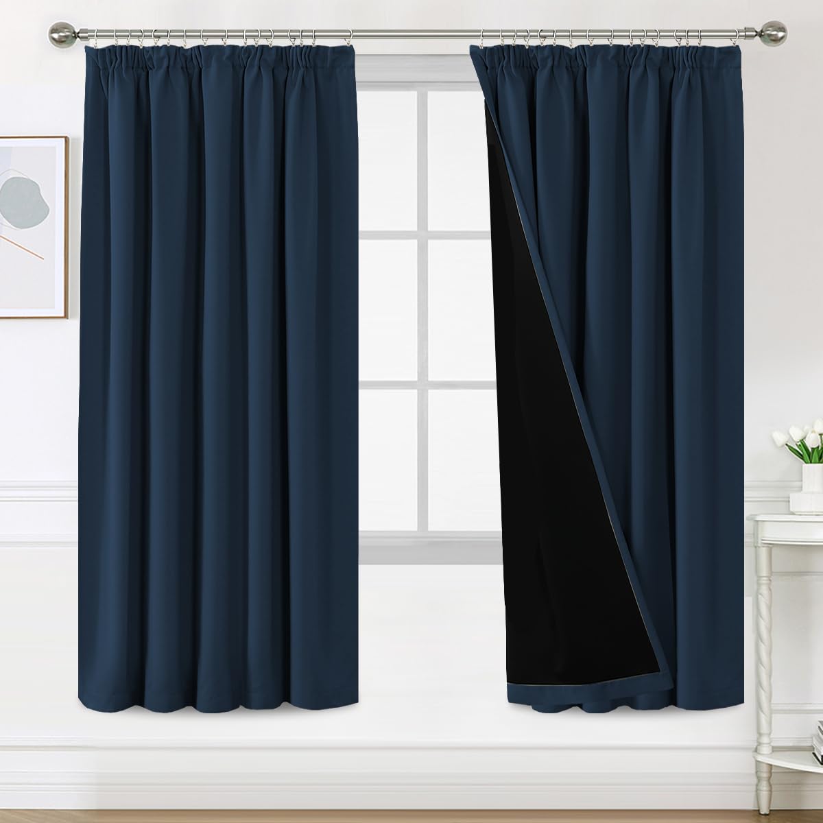 H.Versailtex 100% Pencil Pleat Blackout Curtains, Thermal Insulated Black Out Curtains with Lining, W46x L72 Inch, 2 Panels, Navy