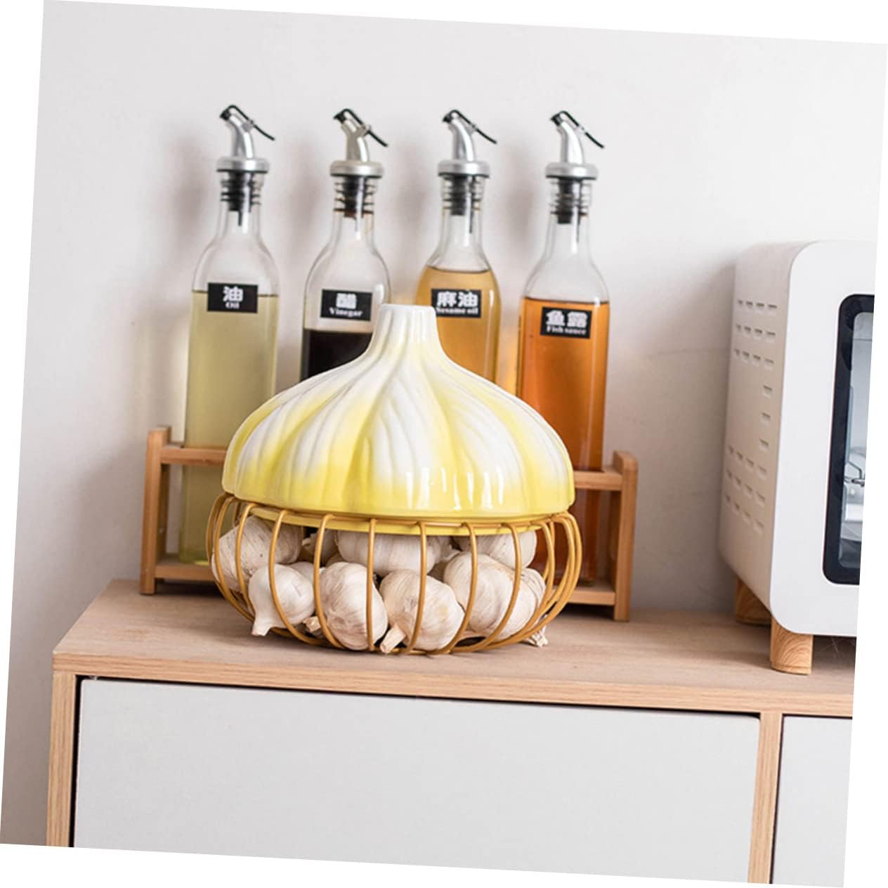 Multi-Function Garlic Holder and Egg Basket Ceramic Kitchen Storage for Garlic Ginger and Onions Iron Wire Design for Home Use