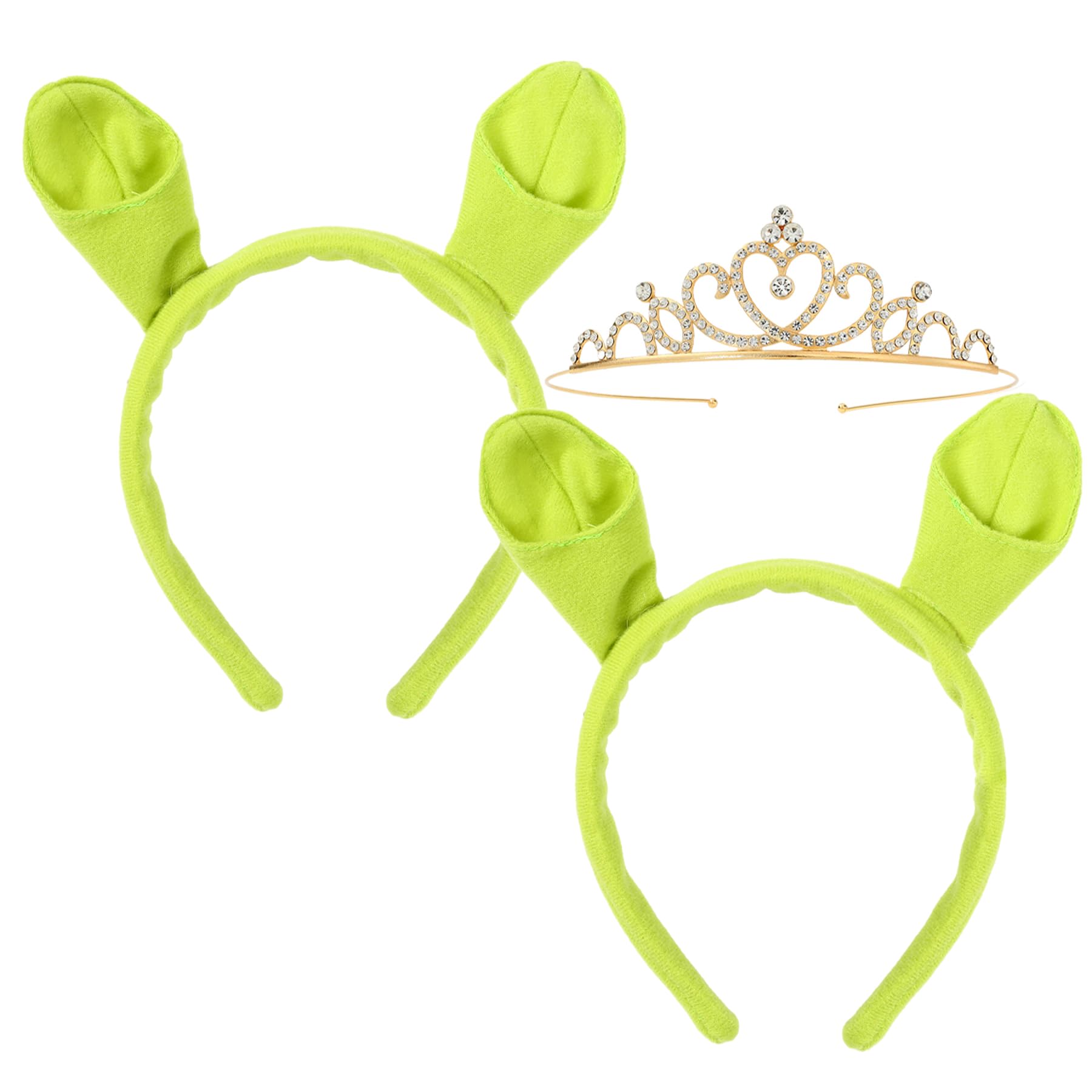 Green Ogre Ears Headband - 3 piece Set Ogre Ears Princess Crown Headband, Green Ogre Character Costumes Accessories for Adult, Ogre Themed Party Decorations, Halloween Monster Headband for Women Men