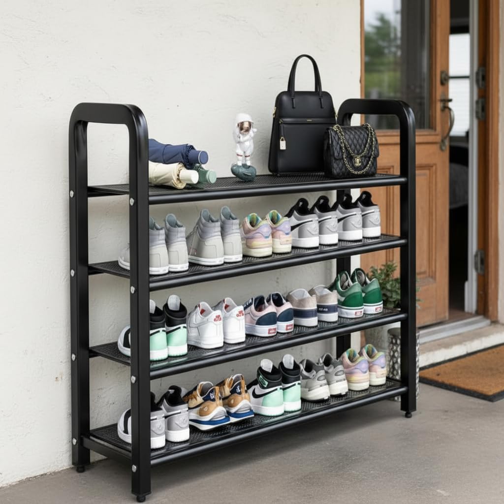 EXVITO Metal Shoe Rack for Home - Adjustable & Stackable Waterproof Open 4-Tier Shoe Rack for Closet Entryway, Bedroom, Outdoor, DIY Multi-Purpose Carbon Steel Shoe Stand - Black (Black, 4 Tier)-image-44
