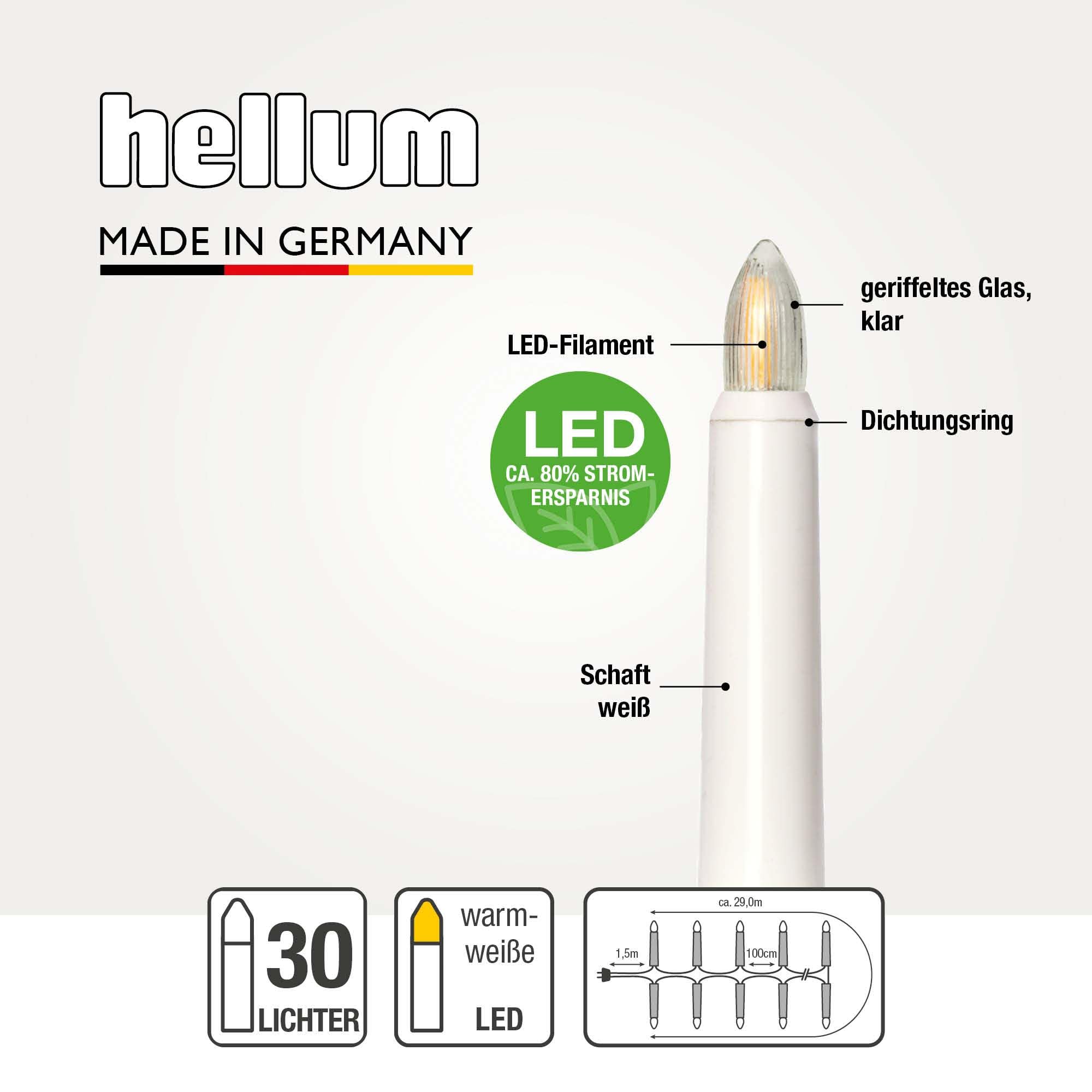 hellum Lichterkette Tannenbaum außen LED-Filament 30 LED, Stecker teilbar | Made in Germany warmweiß, Lichterkette Christbaum mit Clip, 29m beleuchtet, Kabel schwarz, für Weihnachtsbaum <59lm 842517