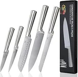 LUMAI Original Conjunto de 5 Facas Grandes de Cozinha Zurich Robusto em Aço Inoxidável 3CR13 com Lâminas Inteiriças – Forja Prolongada para Robustez, Anti ferrugem, Ultra Afiadas e Precisão Suíça