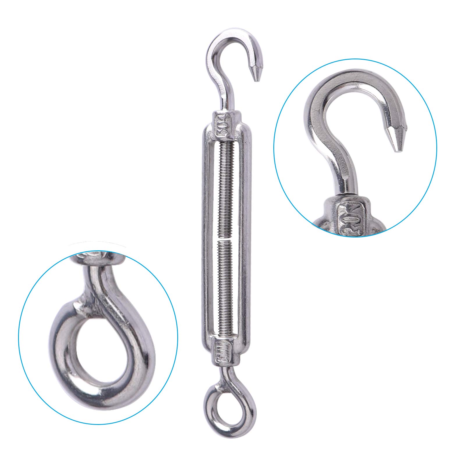 M6 Hook and Eye Turnbuckles Wire Rope Tension Turnbuckle for Tensioning Wire Rope Cable, 304