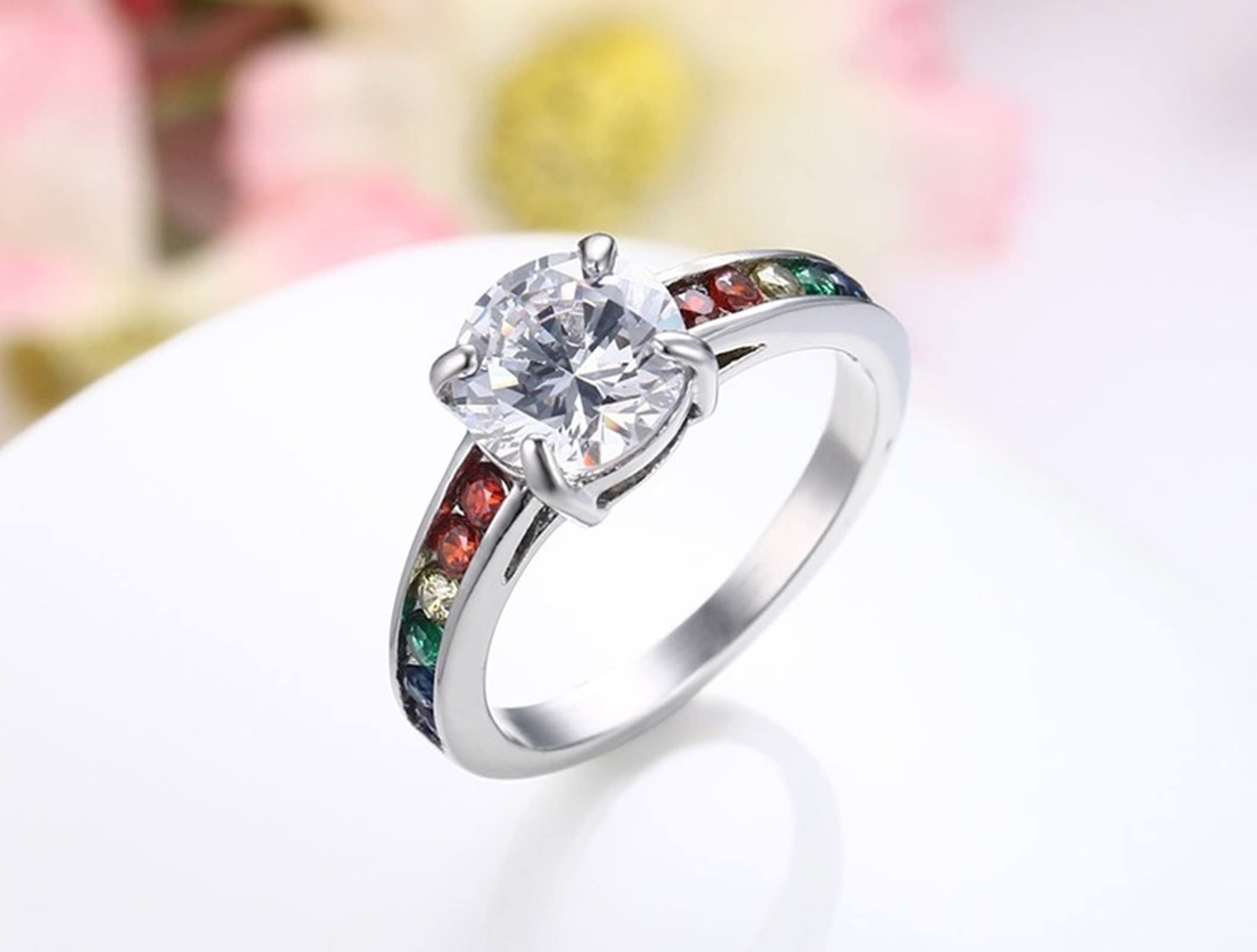 AmDxD Anillo de compromiso plateado, de acero inoxidable, alianza, boda, colorido, circonio, diseño de arco iris, W56.5 & M59, Acero inoxidable, circonita cúbica,
