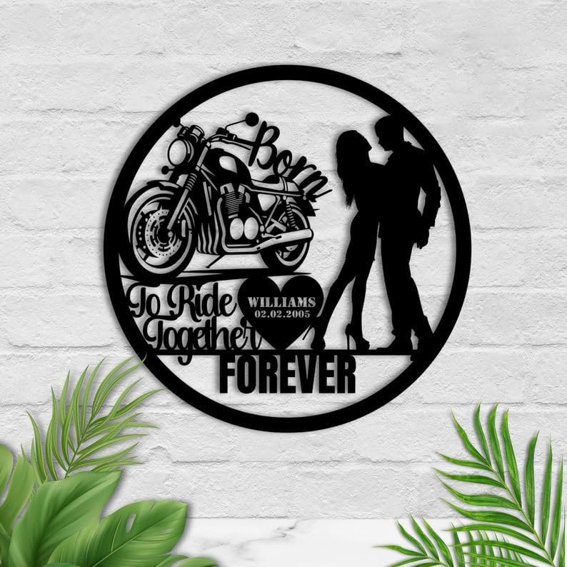 Personalized Couple Motorcycle Metal Sign Bride & Groom With Motorbike Born To Ride Together Motorcycle Biker Couple Anniversary Wedding Gifts (Style 20)
