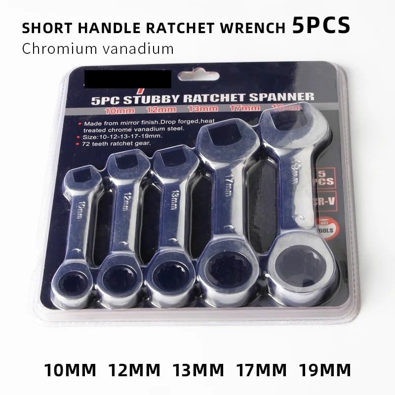 Juego de Llaves Fijas,Llaves Fijas 1 llave de mango corto de 72 dientes CRV, llave combinada reversible de apertura rápida, herramientas de reparación de automóviles de 8 a 19 mm(5Pcs 10-19mm)