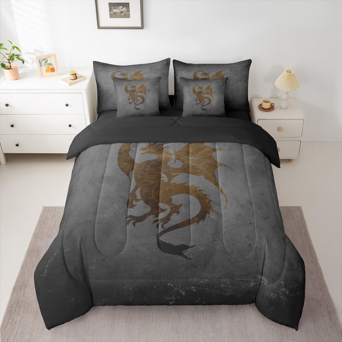 Feelyou Dragon Comforter Set with Sheets 7 Piece Queen Size Gray Dragon Bedding Set for Kids Boys Girls Magic Mysterious Bed in a Bag Animal Room Decor Soft Lightweight Microfiber