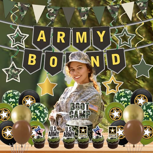 Image of Holkcog Army Party Decorations, Green Military Themed Birthday Banner, Farewell Party Welcome Ceremony, Army Bound Themed Cupcake Decorations, Boot Camp Cake Topper Ballons Supply