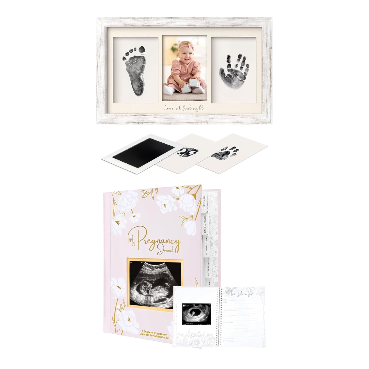 KeaBabies Inkless Baby Hand And Footprint Kit Frame and Pregnancy Journal, Pregnancy Announcements - Personalized Baby Picture Frame for Newborn - 80 Pages Hard Cover Pregnancy Book For Mom To Be Gift