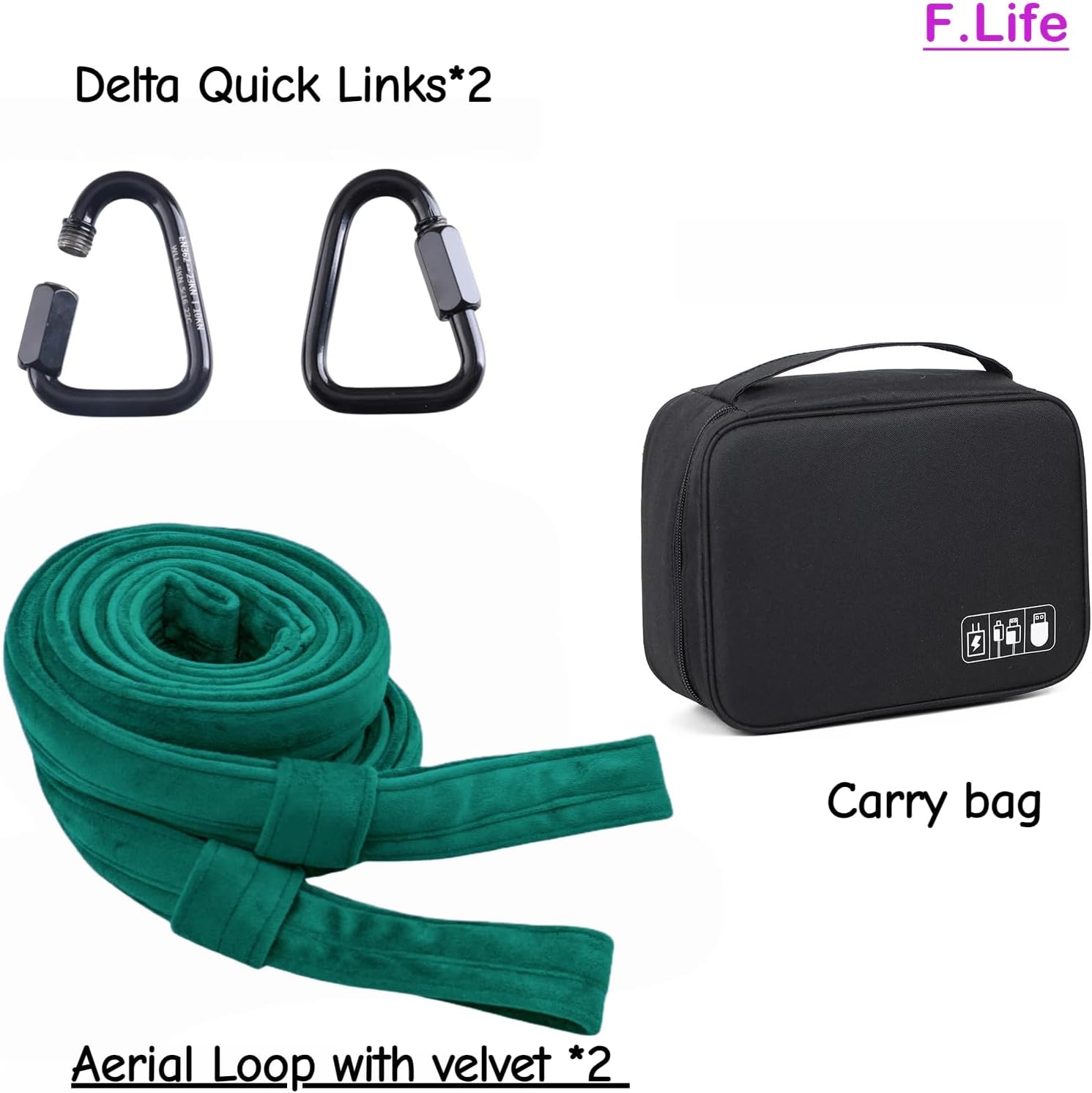 F.Life Aerial loop 3.2ft Velvet Covers with Carabiners, Wrist Lockers,swivel, and Carrying Bag, 660lbs Weight Capacity, SGS Certified，Acrobtic Circus Props
