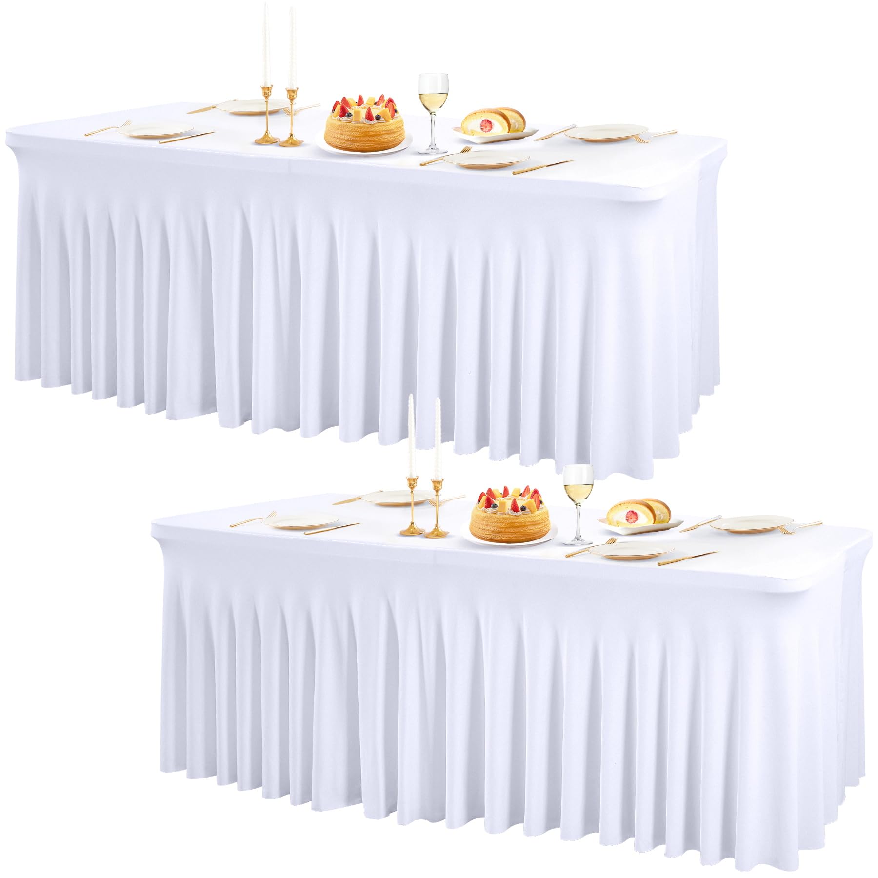 PARTISKY 2 Pack White Spandex Table Cloths for Rectangle Tables 6ft, White Table Skirt for Party, Table Cover with Skirt for Wedding Folding Table