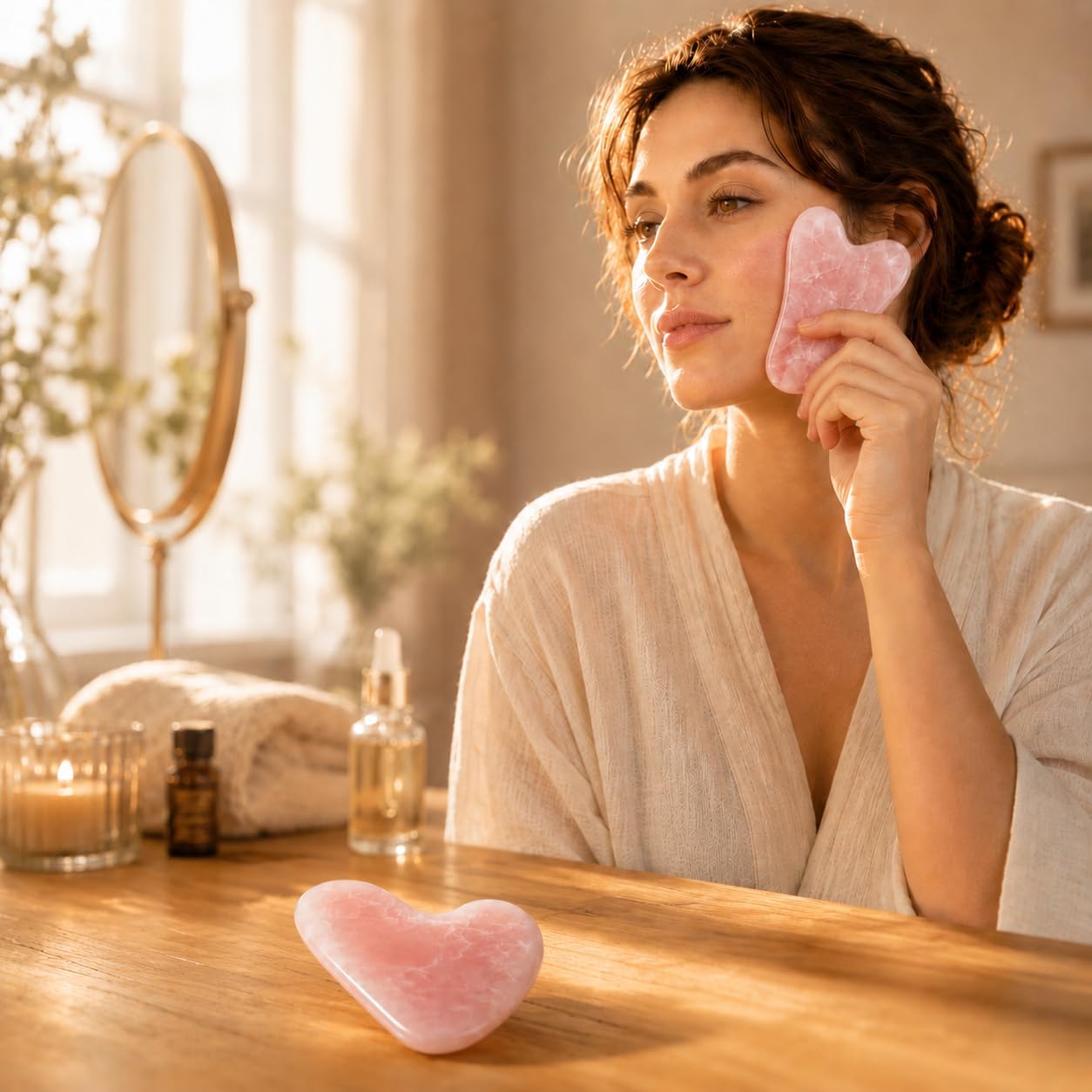 1 peça de quartzo rosa rosa Gua Sha, pedra de massagem facial suave para rosto e pescoço,