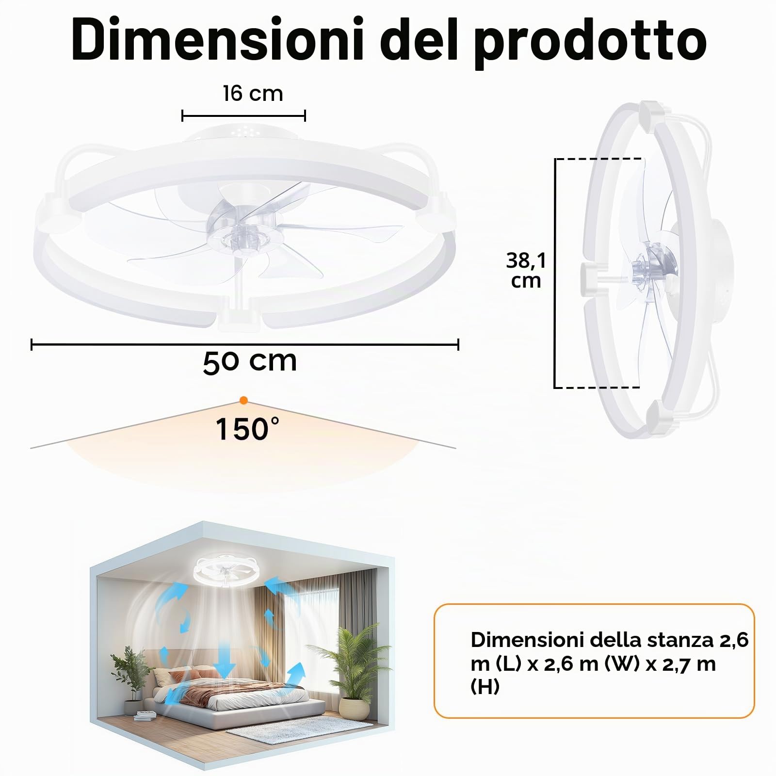 OUTON 50cm Ventilatore da Soffitto con Luce e Telecomando, 3000-6500K Dimmerabile, 6 Velocità Reversibili, Timer, Memoria, Lampada Ventilatore da Soffitto per Camera da Letto Soggiorno Cucina, Bianco