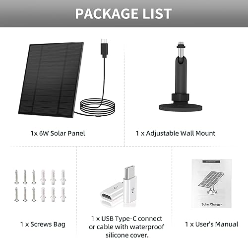 Miniatura 9 de Panel solar de 5 W para cámara de seguridad, panel solar con puerto micro USB y USB-C para cámara de batería recargable de 5 V CC al aire libre,