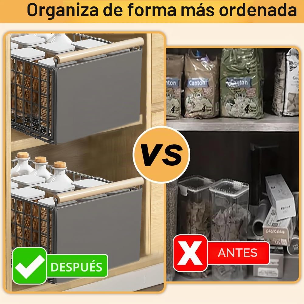 Organizador de gabinete extraíble, cajón de almacenamiento de cocina con asas de madera, cajón deslizante extensible resistente con nano película adhesiva sin taladro (39,5 x 23,5 x 19,5 cm,