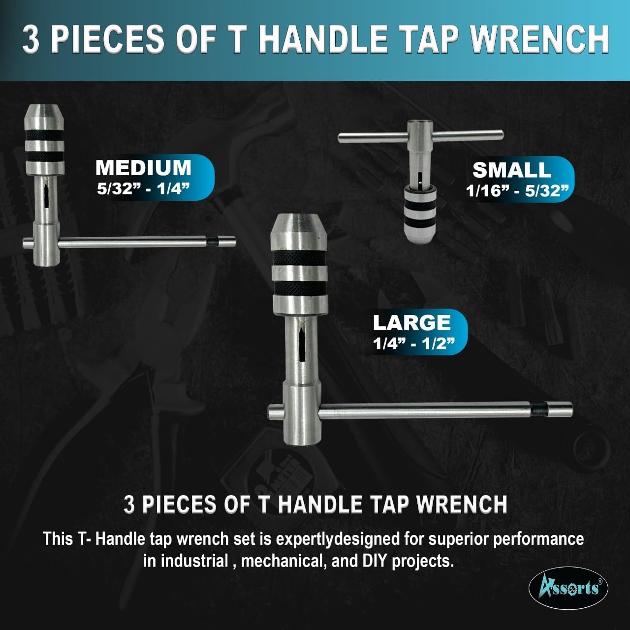 T-Handle Tap Wrench Set 3 Pcs | Solid Collet Jaws for Precision Tapping & Reaming