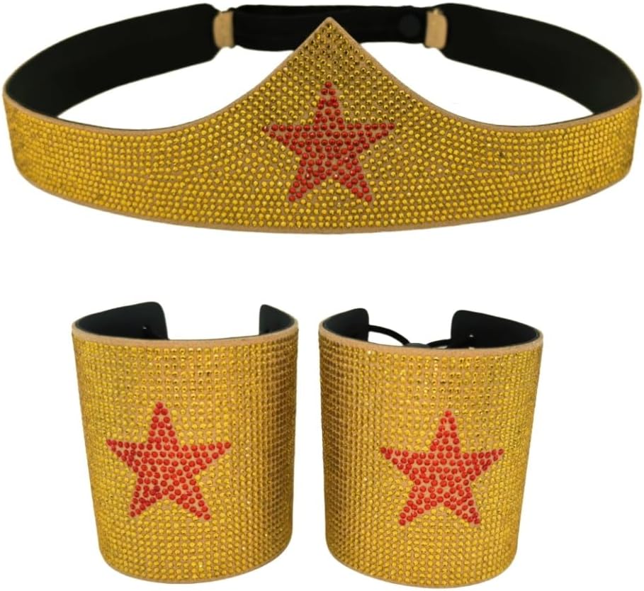 Woman Gold Rhinestone Wonderful Superhero Cosplay Headband Tiara And Cuffs Set Halloween Dress-Up Accessories