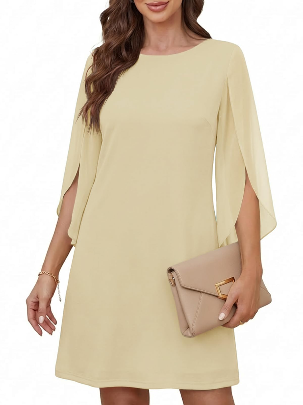 Cicy Bell Damen Rundhals Cocktailkleid Elegant Kleid Mesh 3/4 Arm Partykleid Einfarbig Freizeitkleid Knilang Sommerkleid