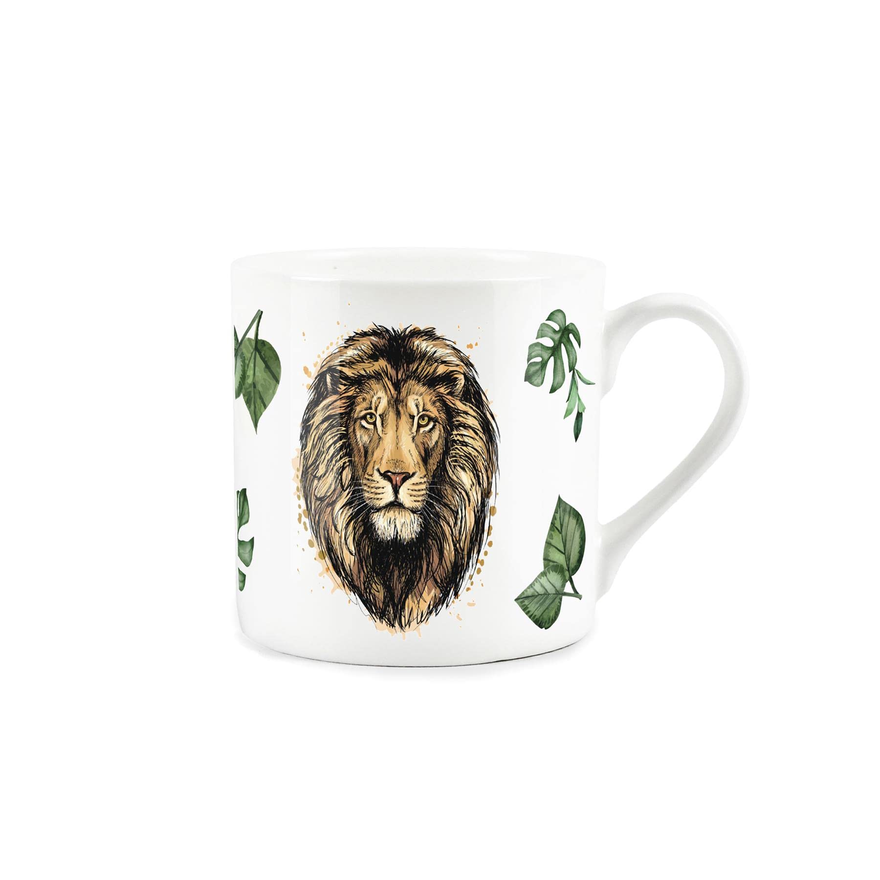 Purely HomeMajestic Lion & Exotic Jungle Leaves - Fine Bone China White Mug Coffee/Tea Present Gift for Animal Lovers